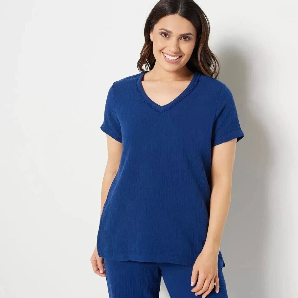 New Belle Beach by Kim Gravel Gauze V-Neck Nautical Navy Cotton Top Size XS